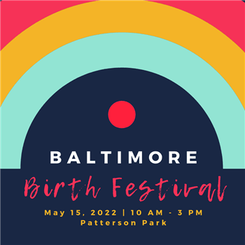 A peach, orange and teal rainbow over the words Baltimore Birth Festival